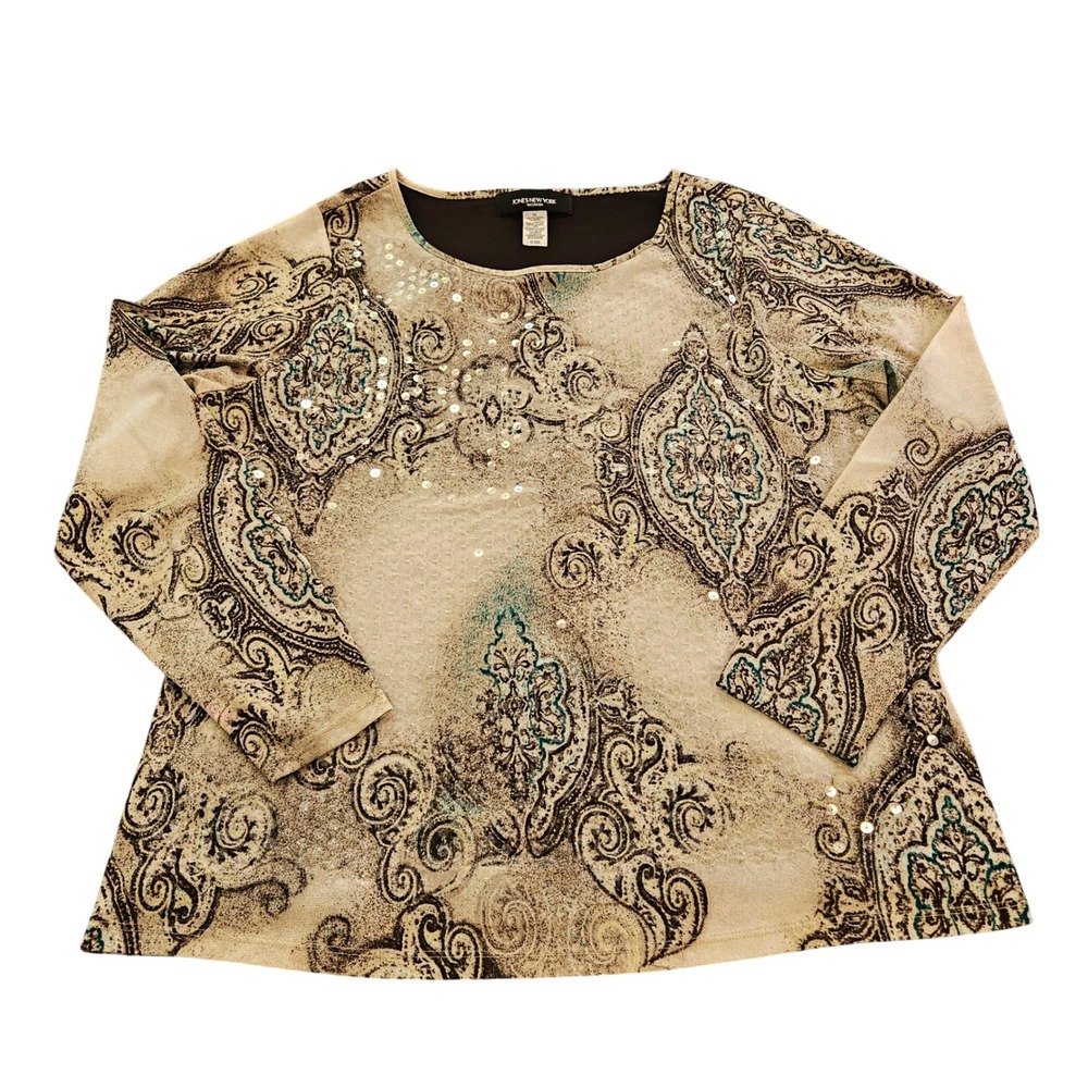 Jones New York Woman Paisley Sequin Long Sleeve Top Tan Brown Teal Size 1X